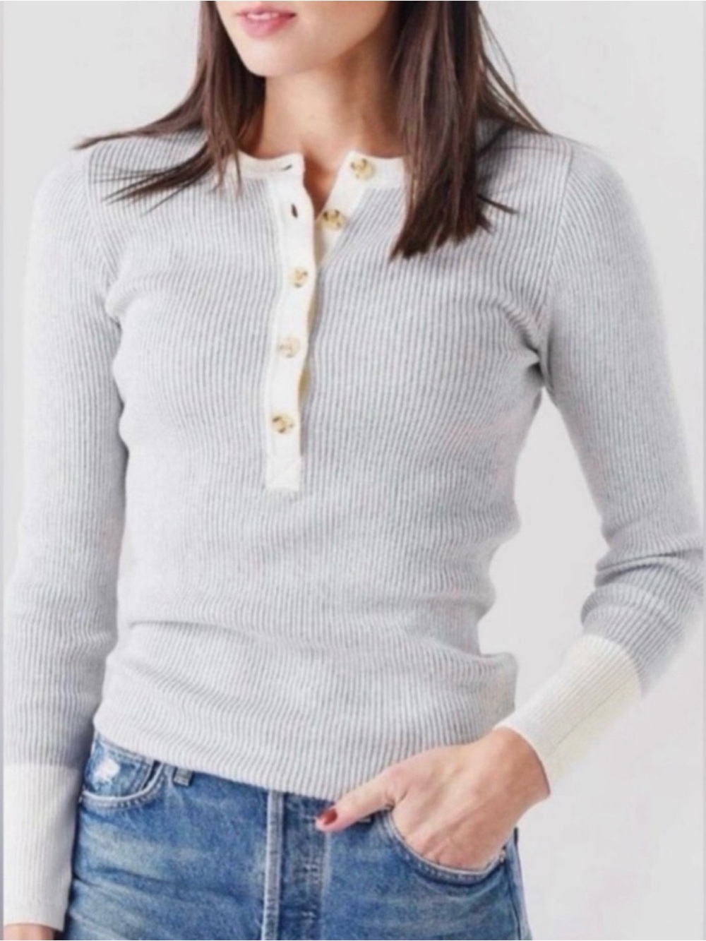 Faherty Gray Ribbed Henley Sweater with Contrast Trim